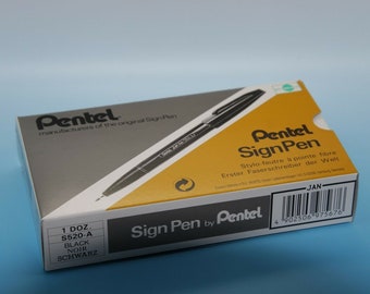Pentel S520 Sign Pen Black ink color fine point fibre tip pen 12 pcs in box.