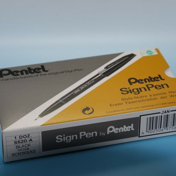 Pentel S520 Sign Pen Schwarz Tinte Farbe feiner Punkt Faserstift 12 Stück in Box.