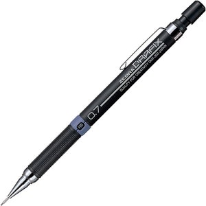 Może przedstawiać: Czarny ołówek mechaniczny z srebrnym klipsem i ołówkiem o grubości 0,7 mm. Ołówek jest oznaczony "ZEBRA DRAFIX QUALITY FOR CREATIVITY DM-7300 JAPAN" i "HB 0.7".