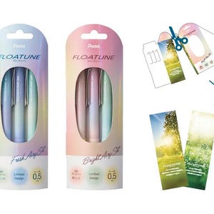 May include: Two sets of Pentel FLOATUNE pens in pastel packaging, labelled "Fresh Airy Set" and "Bright Airy Set." Each set contains three pens with 0.5 mm tips. The image also shows a bookmark design with a landscape scene and the FLOATUNE logo.