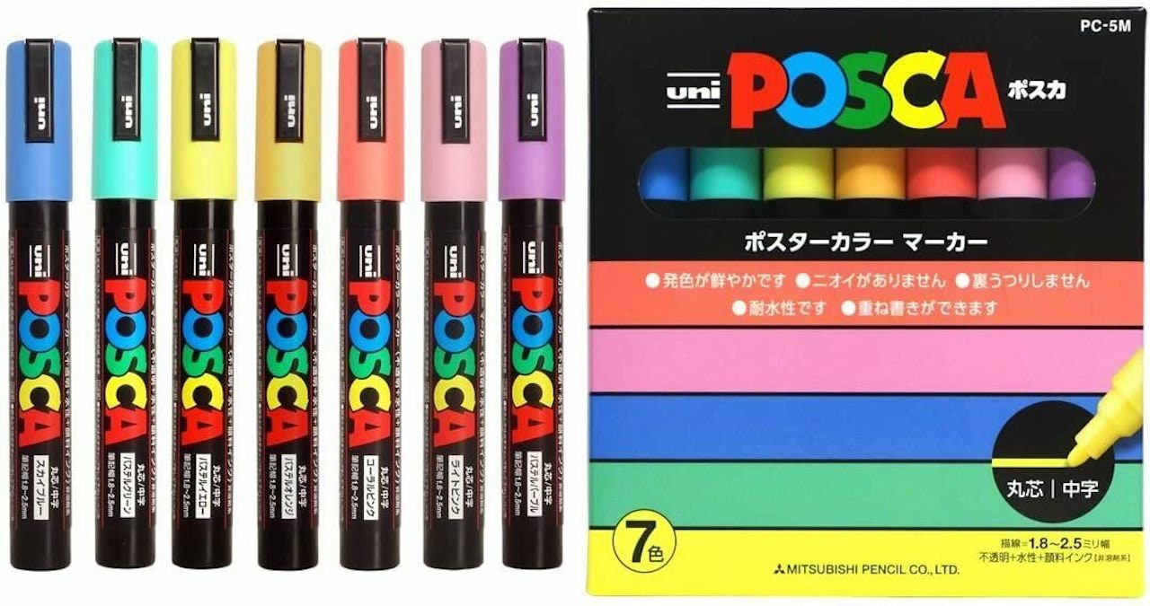  Posca Paint Marker PASTEL & DARK Color Set, Mitsubishi Uni  Poster Color Marking Pen Medium Point (PC-5M) 12 Color + Loconeko Original  Manual Set : Office Products