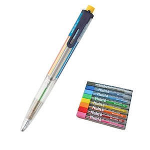 Puede incluir: Un lápiz mecánico de plástico transparente con una parte superior azul y amarilla y un portaminas multicolor. El lápiz está al lado de una pila de ocho recambios de mina multicolores etiquetados como "Multi 8" y "Color Leads".