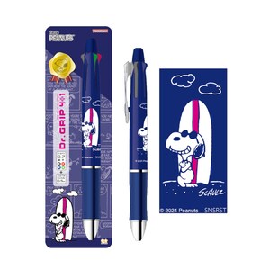 May include: A blue and white pen with a Peanuts character, Snoopy, surfing on a surfboard. The pen is a Dr. Grip 4+1 and has a blue and white design with the Peanuts logo. The text "SCHULZ" and "2024 Peanuts SNSRST" is printed on the pen.