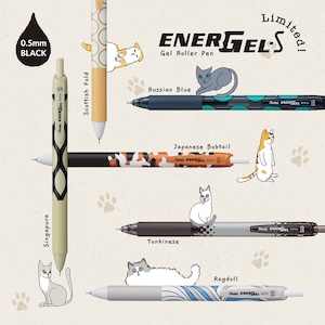 EnerGel Cat Patterns de Pentel, édition limitée 0,5 mm, encre noire, lot de 6 stylos
