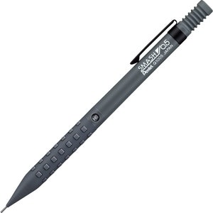 May include: A dark gray mechanical pencil with the text "SMASH 0.5" and "Pentel Q1005 JAPAN". The pencil has a textured grip, a black clip, and a ribbed eraser cap. The pencil is labeled "HB".