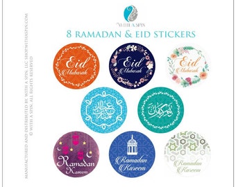 May include: Eight round stickers with various designs celebrating Ramadan and Eid. The stickers feature Arabic calligraphy, floral patterns, and the phrases "Ramadan Kareem" and "Eid Mubarak".
