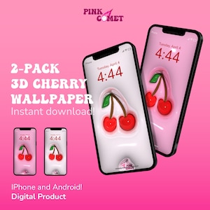 Puede incluir: Dos fondos de pantalla digitales para tel&eacute;fono con un dise&ntilde;o de cereza 3D. La cereza es roja y verde y est&aacute; sobre un fondo rosa. La hora en la pantalla del tel&eacute;fono es 4:44. El texto en la imagen dice "2-PACK 3D CHERRY WALLPAPER Descarga instant&aacute;nea! iPhone y Android! Producto digital"