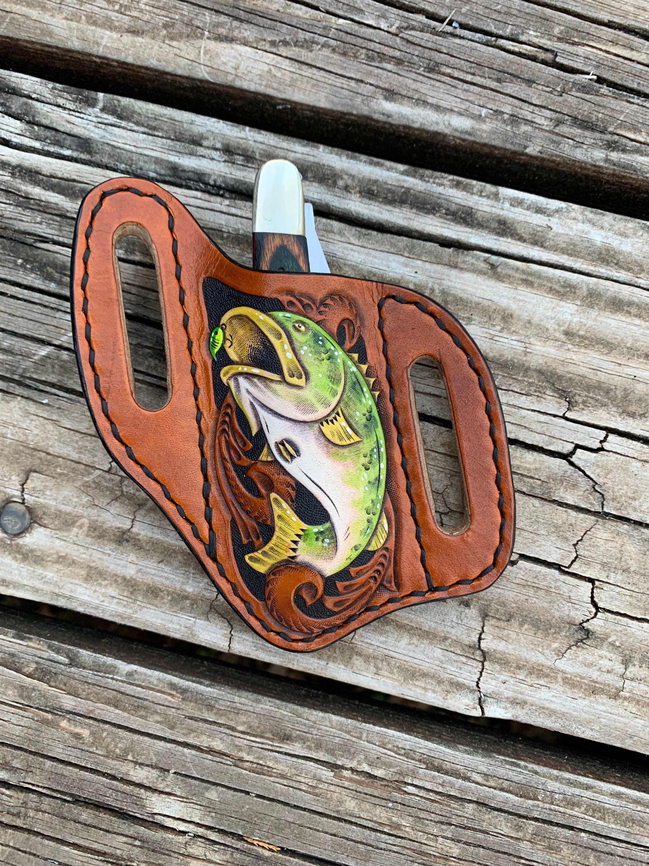 Tooled Leather Knife Holder, Belt Knife Holder, Bass, Tooled Leather