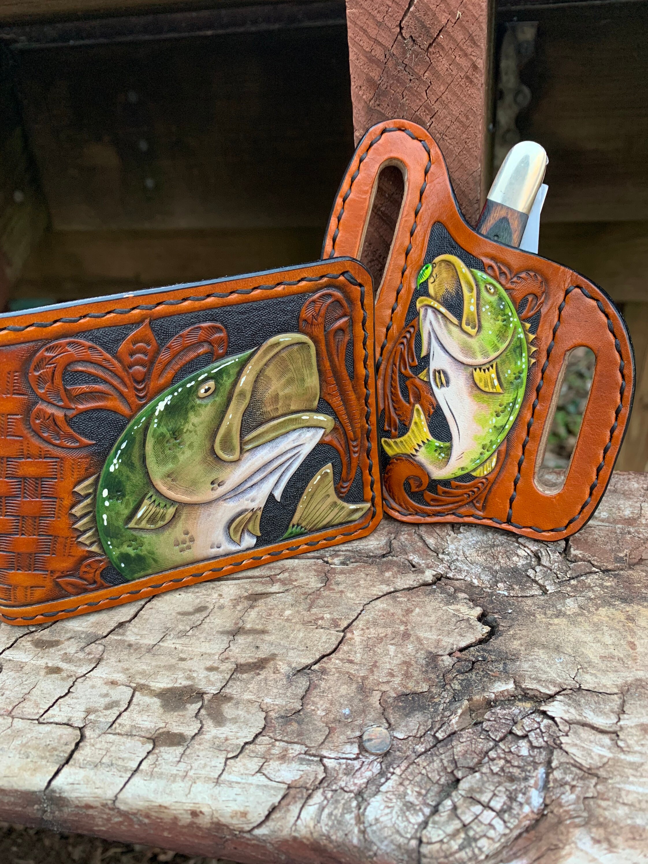 Tooled Leather Knife Holder, Belt Knife Holder, Bass, Tooled Leather