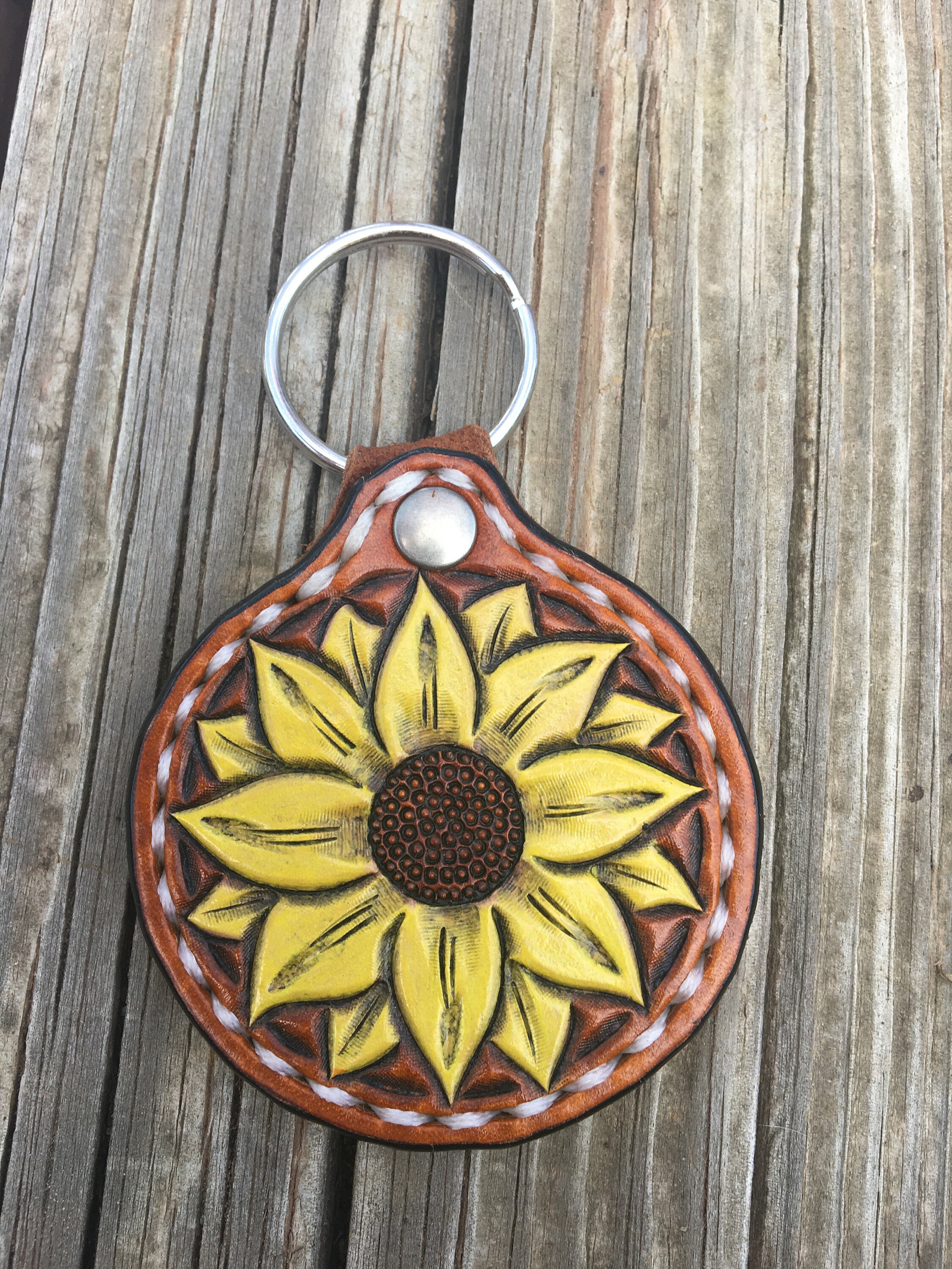 Sunflower Keychain, Leather keychain, Keychain