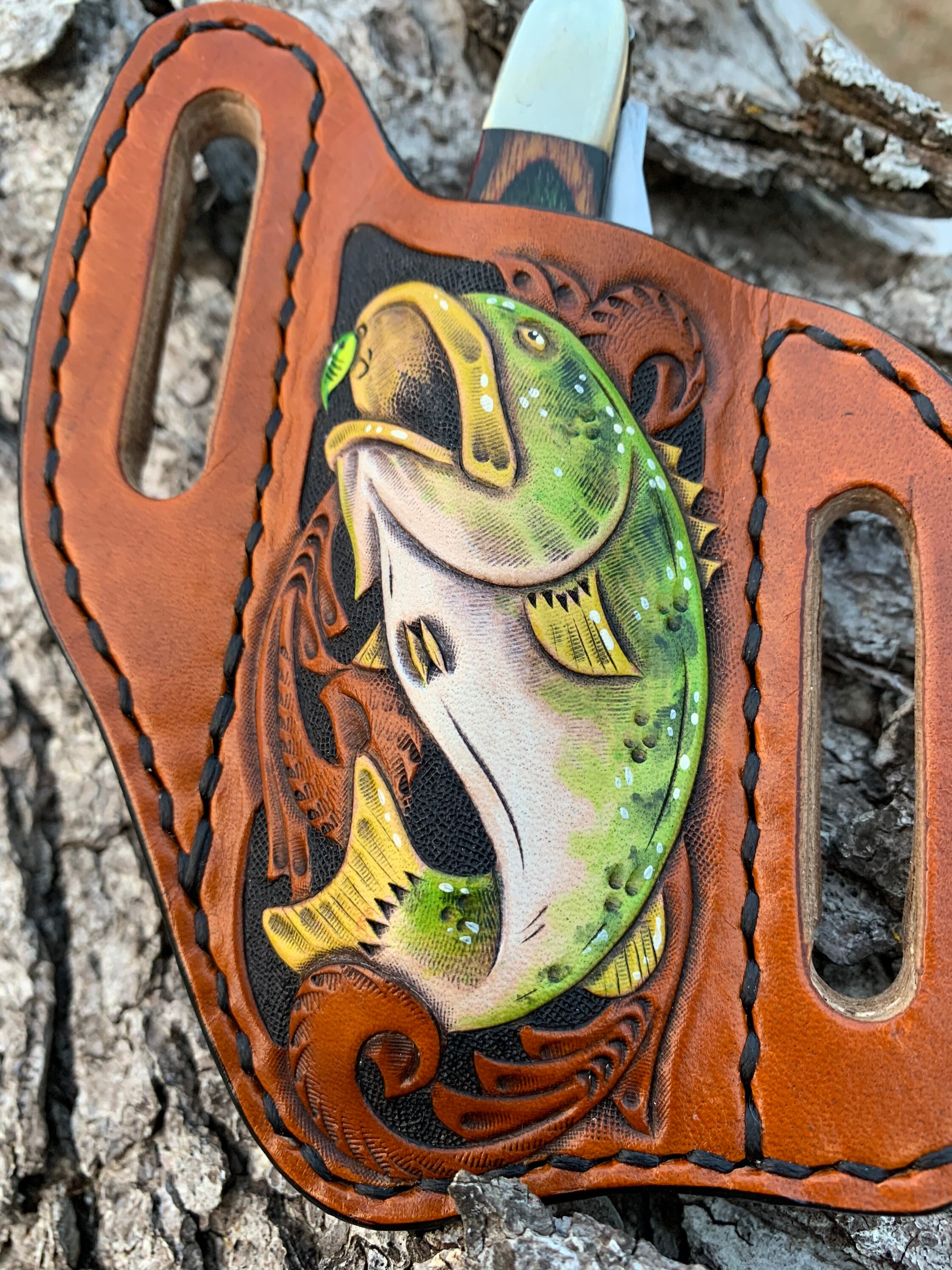 Tooled Leather Knife Holder, Belt Knife Holder, Bass, Tooled Leather