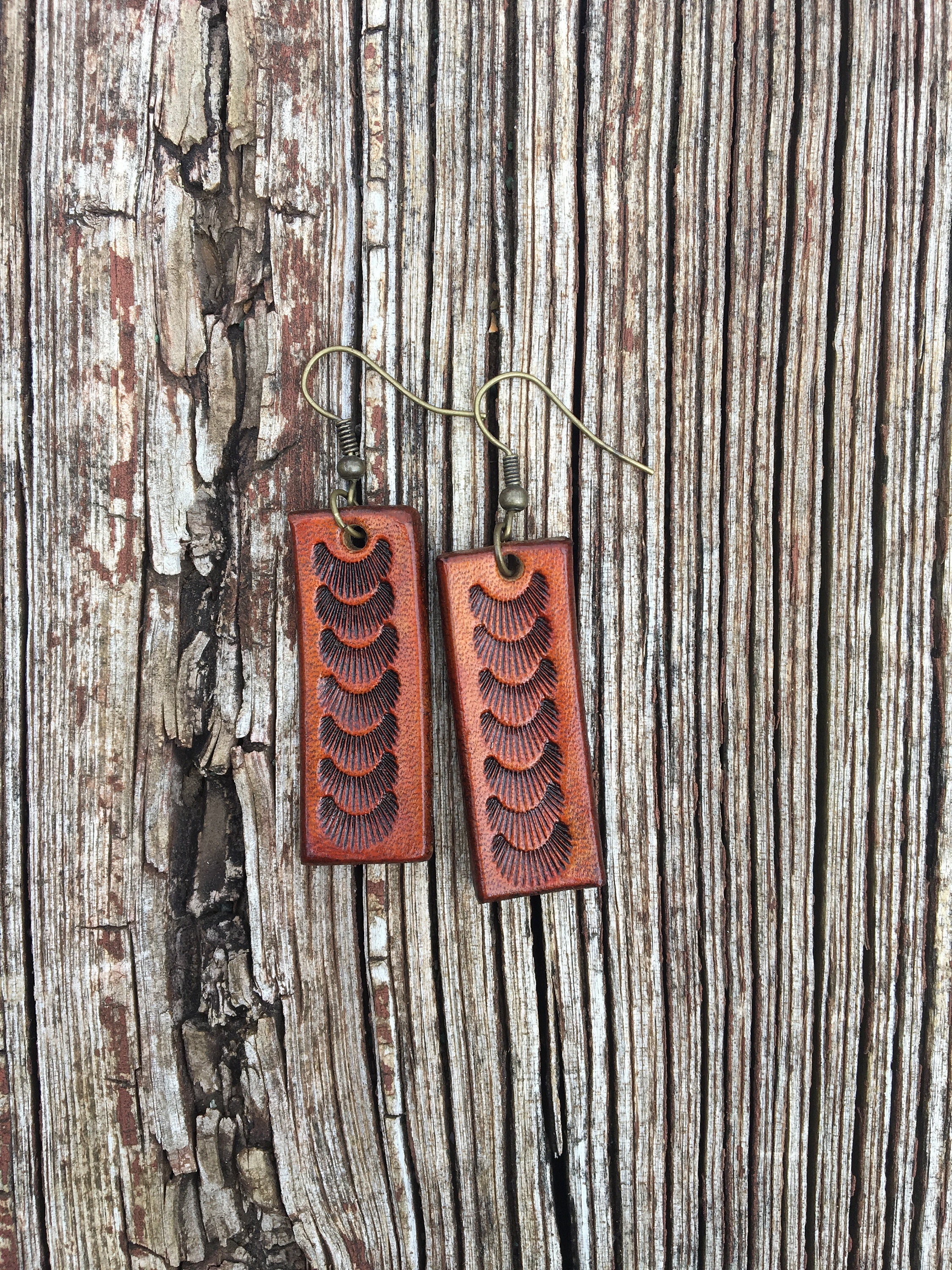 Leather Earrings, Stamped Earrings, Brown Earrings