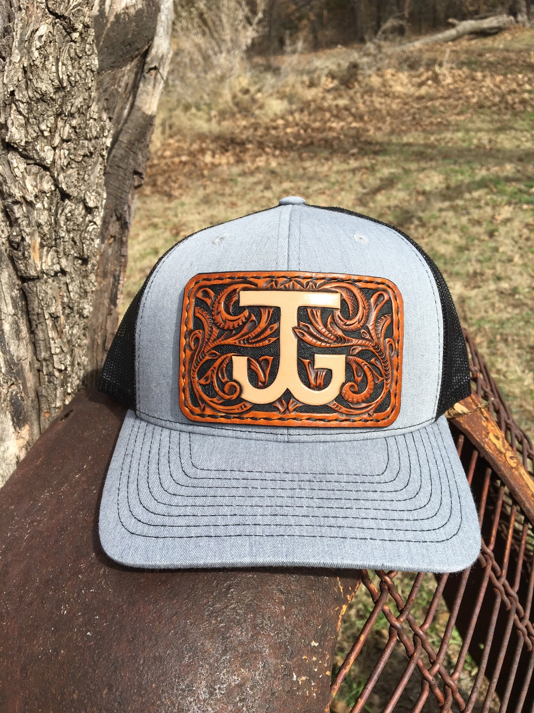 Tooled carved leather patch custom trucker cap hat Gorra
