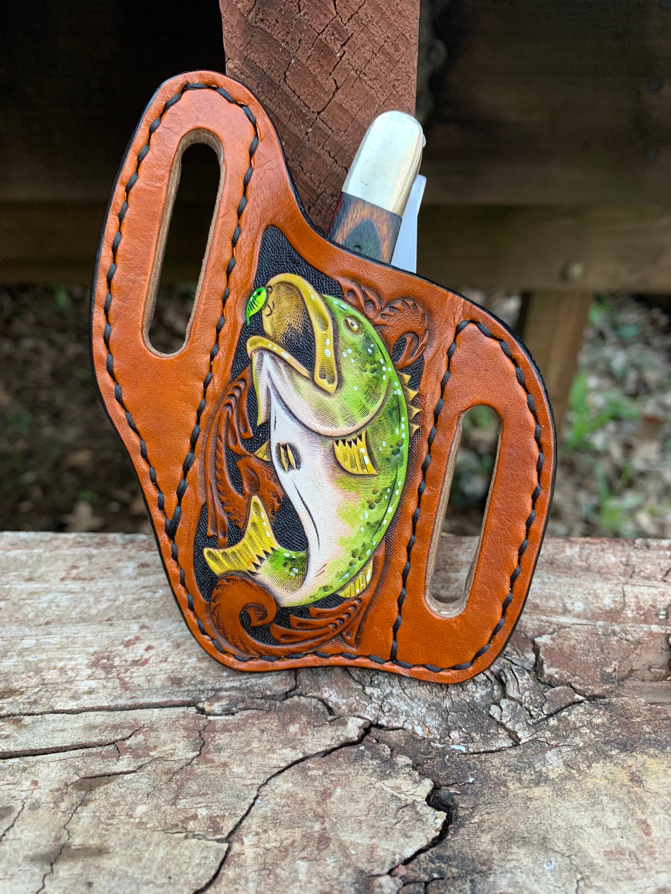Tooled Leather Knife Holder, Belt Knife Holder, Bass, Tooled Leather