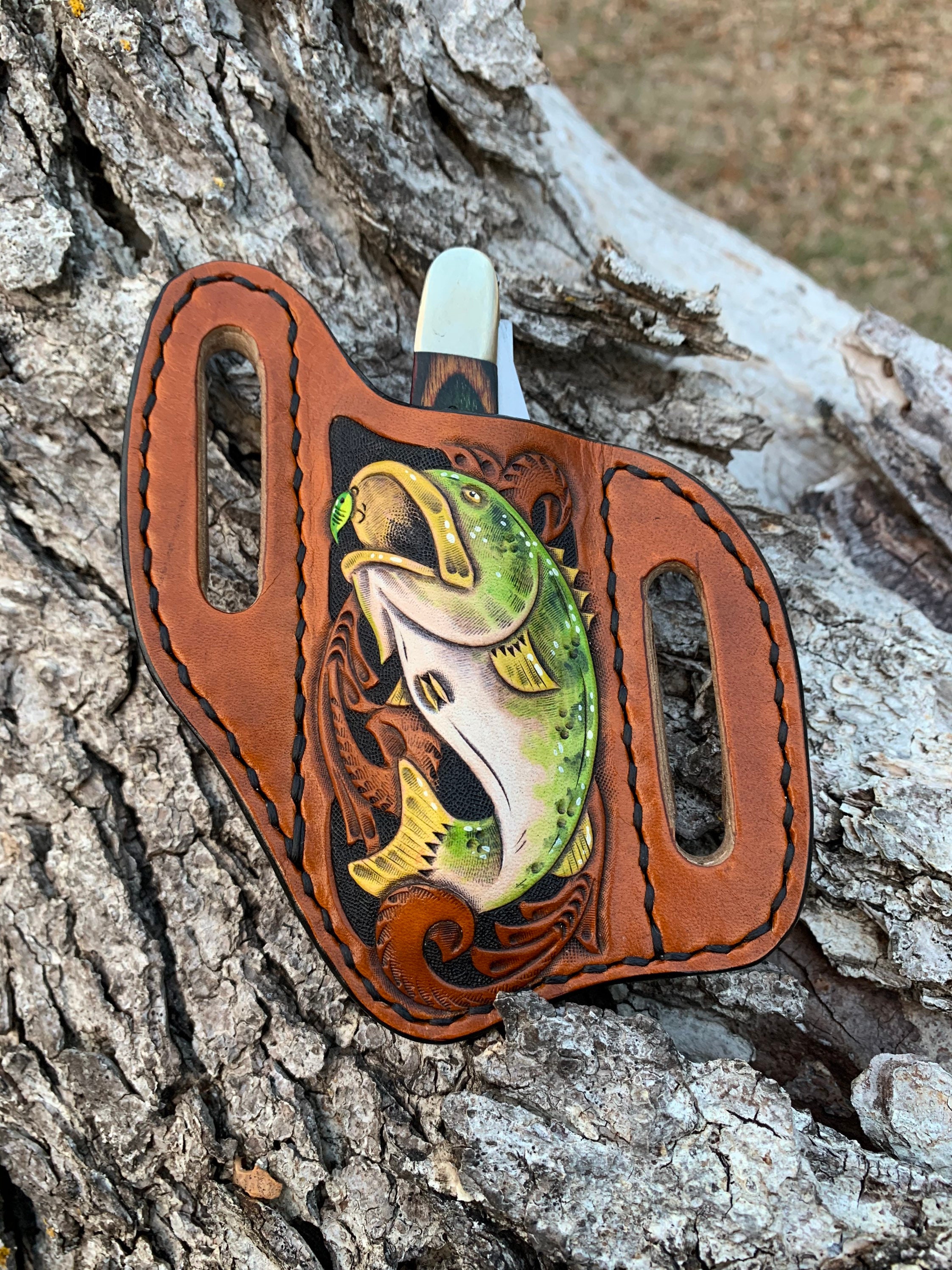 Tooled Leather Knife Holder, Belt Knife Holder, Bass, Tooled Leather