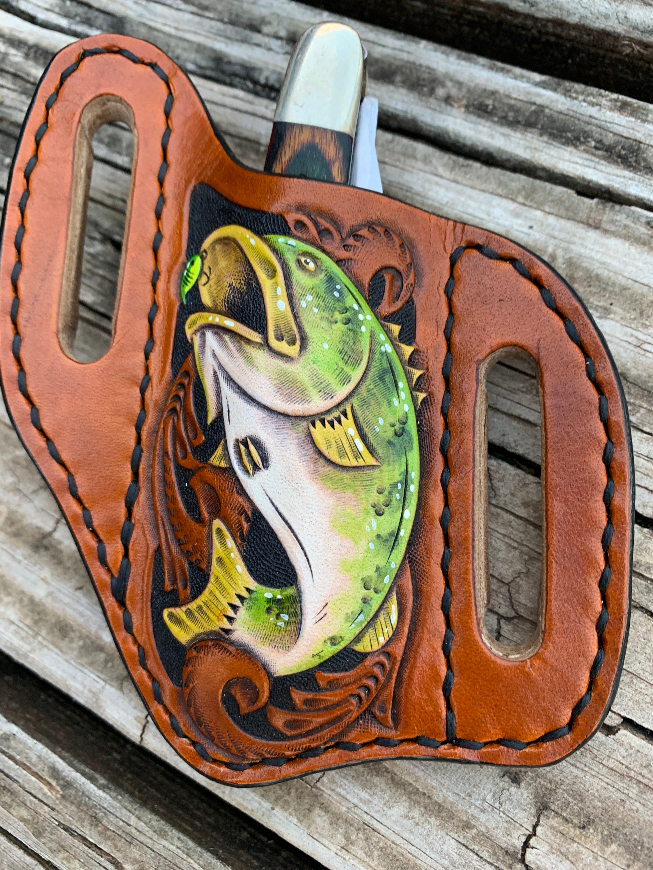 Tooled Leather Knife Holder, Belt Knife Holder, Bass, Tooled Leather