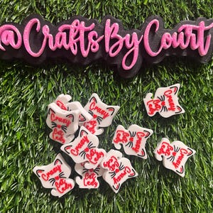 May include: A collection of white cat-shaped charms with the text "Crazy Cat Lady" in red, black, and white. The charms are scattered on a green surface, with a black and pink sign that reads "Crafts By Court" in cursive.