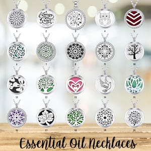 May include: A collection of silver essential oil necklaces with various designs, including an owl, tree, and geometric patterns. Each pendant is round and has a decorative border. The text "Essential Oil Necklaces" is at the bottom.