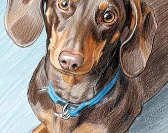 Custom Dachshund Portrait Drawing from Photo, Digital Art,  Pencil Sketch Style, Commissioned Artwork, Paper Print with Frame and Mat