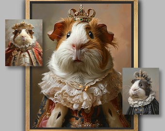 Custom Guinea Pig Portrait from Photo | King Queen, Regal Rodent Paintings, Victorian 19th Century Attire, Digital File or Canvas A024A