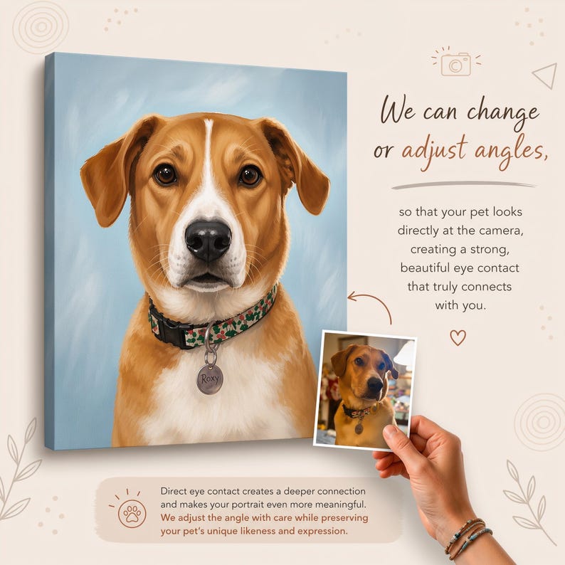 The image is a digital illustration of a dog, with a caption that describes how the pet can be altered or adjusted to create a stronger eye contact with the viewer.