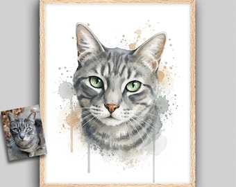 Custom Tabby Cat Portrait, Watercolor Style Painting from Photo, Digital Art Splatter, Commissioned Feline Artwork, Paper Print, Frame & Mat