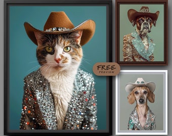 Custom Portraits from Photo | Dog, Cat, Pet in any Fashion Costume, Dress, Outfit, Bling Western Cowboy Hat | Stretched Framed Canvas 0011B