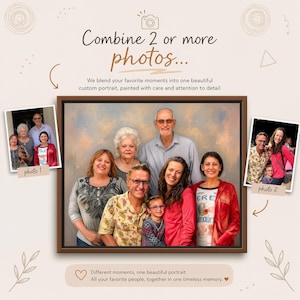 The image is a collage of two photos featuring a family, with a caption that encourages combining photos to create a beautiful portrait.