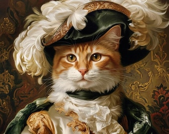 Custom Cat Portrait from Photo, Baroque Cats Paintings, Royal Musketeer Pet Canvas Print or Download