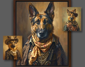 Custom Portrait from Photo | GSD German Shepherd Dog in Wild West Costume, Dog Sheriff Cowboy Painting, Digital File or Canvas Print A009A