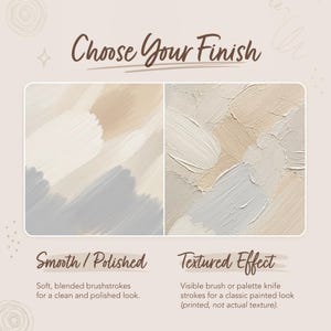 The image is a comparison of two different finishes or textures, one smooth and polished, and the other textured effect. The text provides a visual description of each finish, highlighting their differences in appearance and how they would look when applied to a surface.