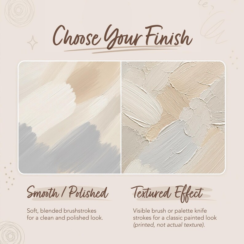 The image is a comparison of two different finishes or textures, one smooth and polished, and the other textured effect. The text provides a visual description of each finish, highlighting their differences in appearance and how they would look when applied to a surface.