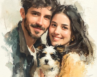 Custom Family Portrait, Watercolor Style Painting from Photo, Couples, Pet Owners, Digital Art Splatter, Commissioned Artwork