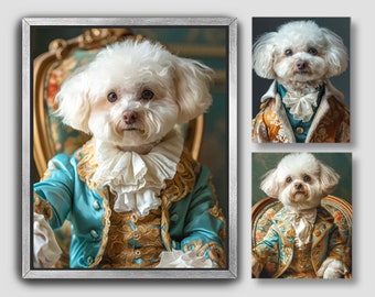 Custom Costume Portrait from Photo | Bichon Frisé Dog Pet in Rococo Fashion, Occupation, Funny Gift, Digital File or Canvas Print A011B