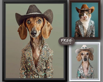 Custom Pet Photograph Portraits | Dog, Cat in any Costume, Dress, Outfit, Western Cowboy Hat, Fashionista, Funny Gift | Canvas Print 0011E