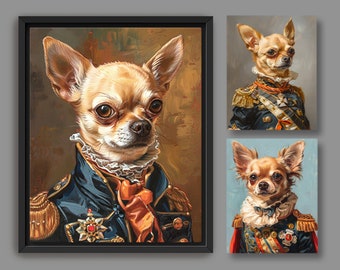 Personalisiertes Portrait vom Foto | Napoleon Chihuahua Hund, Katze, königliches Haustier Gemälde im Kostüm, Kaiser Kleidung, digitale Datei oder Leinwand A002A