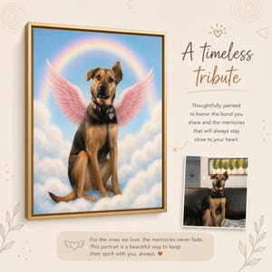 A portrait of a dog with pink wings, sitting on clouds, with a rainbow arching above it. The dog is wearing a collar with a heart-shaped tag. The image is a tribute to the bond between the dog and its owner, as it is thoughtfully painted to honor the memories shared and the spirit that will always stay close to the owner's heart.
