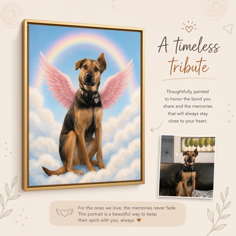 A portrait of a dog with pink wings, sitting on clouds, with a rainbow arching above it. The dog is wearing a collar with a heart-shaped tag. The image is a tribute to the bond between the dog and its owner, as it is thoughtfully painted to honor the memories shared and the spirit that will always stay close to the owner's heart.
