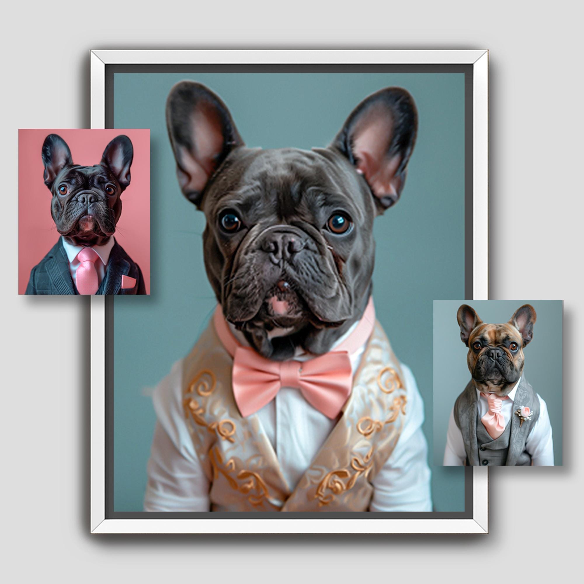Custom French Bulldog Portrait from Photo | Frenchie Dog Dressed in Wedding, Engagement Costume, Suit, Tuxedo, Digital File or Canvas A026A