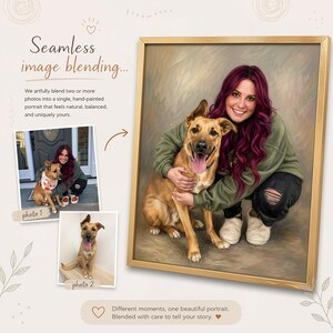 A woman with long, dark hair is shown hugging a brown dog in a collage of three photos. The collage includes two additional photos of the woman and the dog, as well as a caption describing the image blending process.