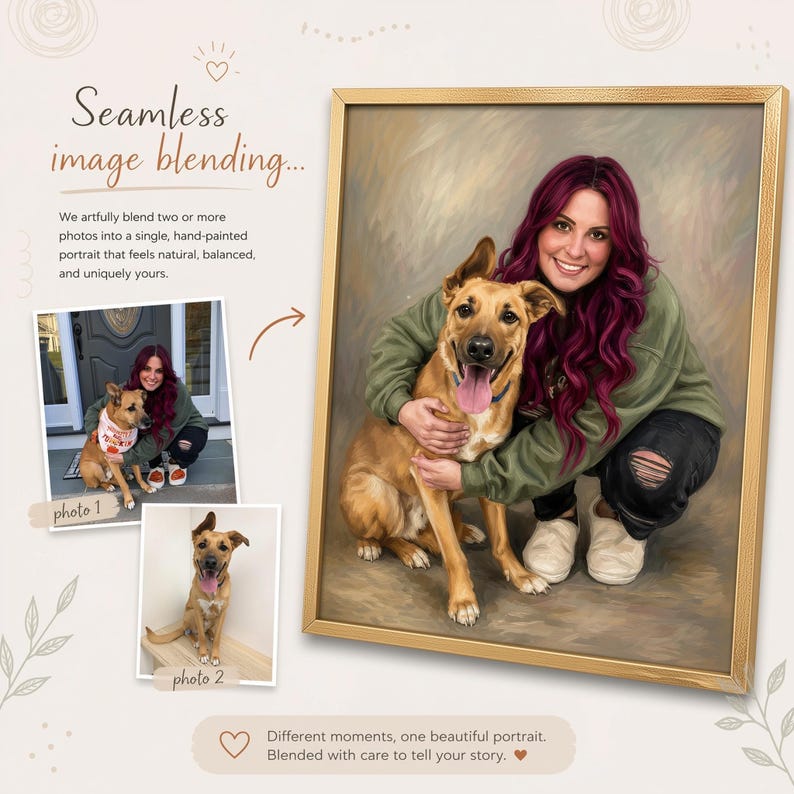 A woman with long, dark hair is shown hugging a brown dog in a collage of three photos. The collage includes two additional photos of the woman and the dog, as well as a caption describing the image blending process.