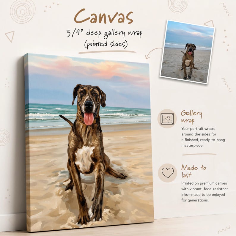 The image is a 3/4" deep gallery wrap painting of a dog on a beach, with a caption describing the artwork as a portrait wrap.