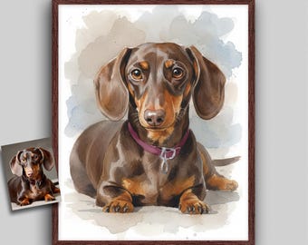 Custom Dachshund Portrait, Watercolor Style Painting from Photo, Digital Art Splatter, Commissioned Artwork, Paper Print or Frame & Mat