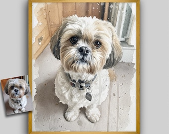 Custom Shih Tzu Portrait, Shihtzu Watercolor Painting from Photo, Digital Art Splatter, Commissioned Artwork, Paper Print or Frame & Mat