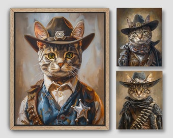 Custom Cat Portrait from Photo | American Wild West Pets, Western Cats in Costumes Painting, Sheriff, Digital File or Canvas Print A010B