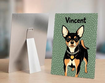 Custom Chihuahua Dog Portrait, Personalized Pet Illustration, Dog with Name Memorial Keepsake, Glossy Metal Easel Print, Gift for Parents