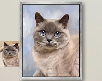 May include: A framed digital portrait of a light-colored cat with blue eyes and grey facial markings. The cat has a soft, fluffy coat and is set against a light blue, painterly background. A smaller version of the original cat photo is visible.