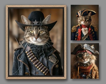 Funny Tabby Cats in Costume | Custom Royal Portrait from Photo | Regal Cat, Pet Paintings, Outlaw Pirate Attire, Digital File | Canvas C003C