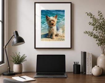 Custom Yorkie Portrait, Yorkshire Terrier Watercolor from yourPhoto, Digital Art Splatter, Personalized Artwork, Beach Decor Christmas gift