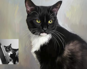 Custom Cat Portrait from Photo, Tuxedo Cat, Digital Oil or Acrylic Painting Style, Pet Loss Memorial Gift, Canvas or Framed Art Print